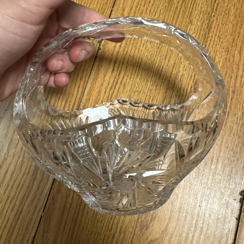 Vintage Hand Cut Lead Clear Crystal Glass Basket Bride Basket w/ Handle